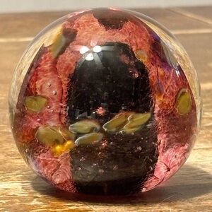 Vintage Studio Art Glass Paperweight – Murano Style Red Swirl Controlled Bubble